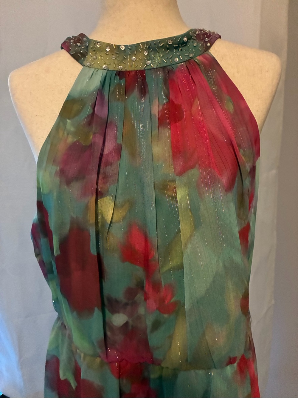 STUNNING SLNY Green Floral Halter Tiered Maxi Dress NWT - Picture 2 of 5
